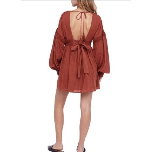 FREE PEOPLE Sugarpie Mini Dress Cinnamon XSMALL Orange Long Sleeve Summer/Fall - Picture 3 of 16